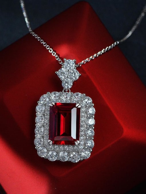 Red [P 1994] 925 Sterling Silver High Carbon Diamond Rectangle Luxury Necklace